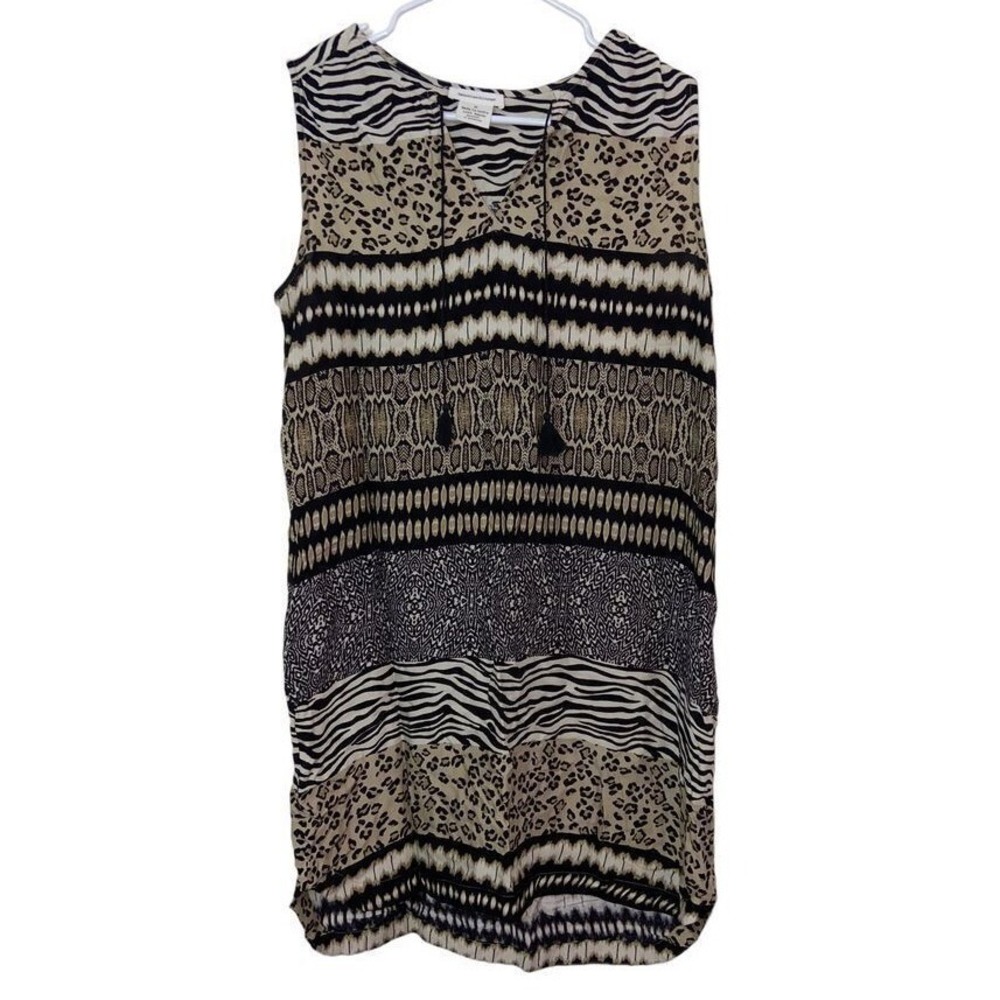 Beachlunchlounge Tribal Print Tassel Neck Sleeveless Shift Dress Safari Medium - Picture 2 of 6